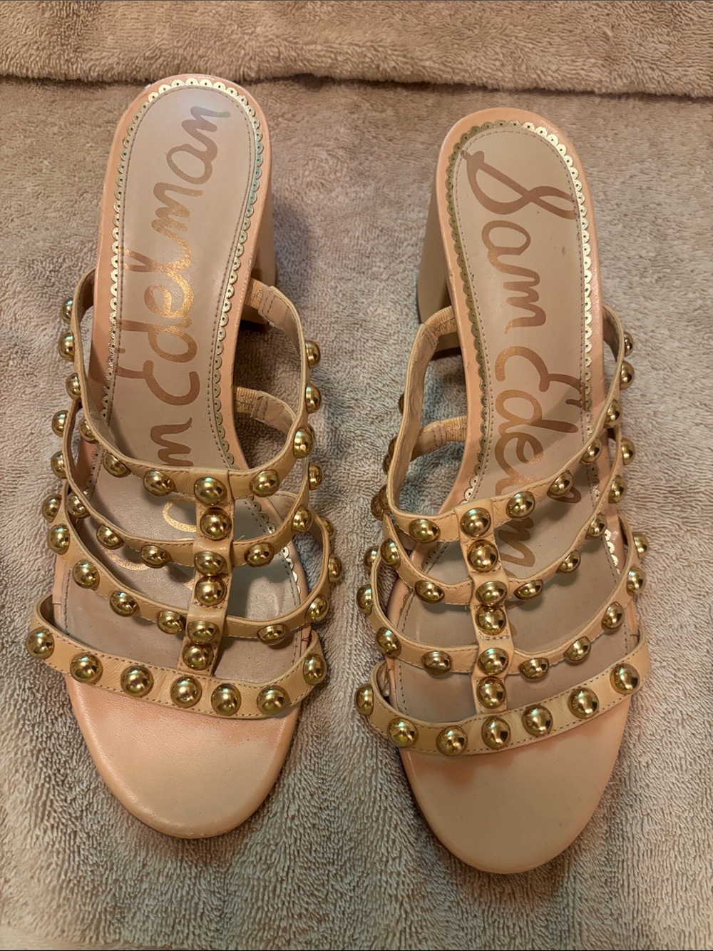 Sam Edelman Nude Studded Strappy Mule Heels with Gold Accents - Size 10